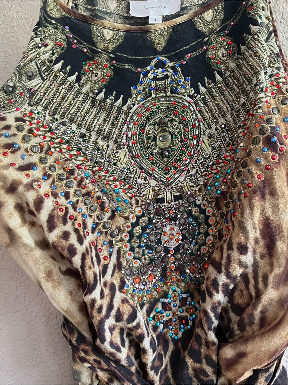 Camilla Leopard Print Silk embellished rhinestone Romper Playsuit in Brown & Tan - Picture 7 of 16